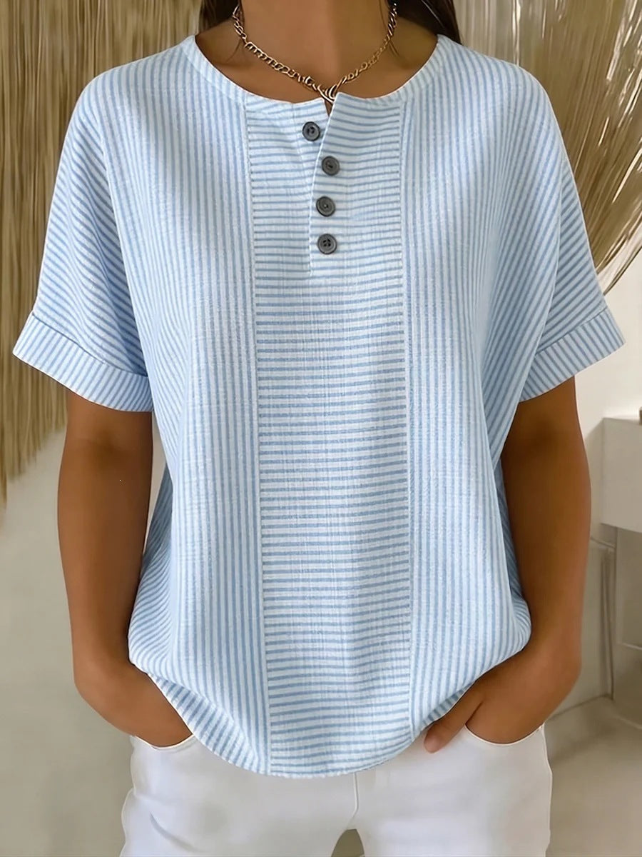 Women's Cotton Linen Striped T-Shirt – V-Neck, Button Detail, Loose Fit FitiqueFit