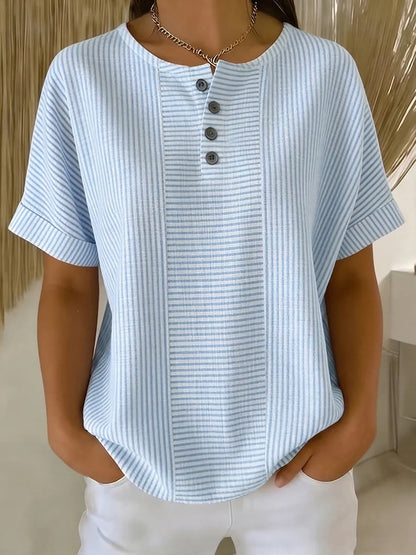 Women's Cotton Linen Striped T-Shirt – V-Neck, Button Detail, Loose Fit FitiqueFit