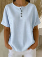 Women's Cotton Linen Striped T-Shirt – V-Neck, Button Detail, Loose Fit FitiqueFit