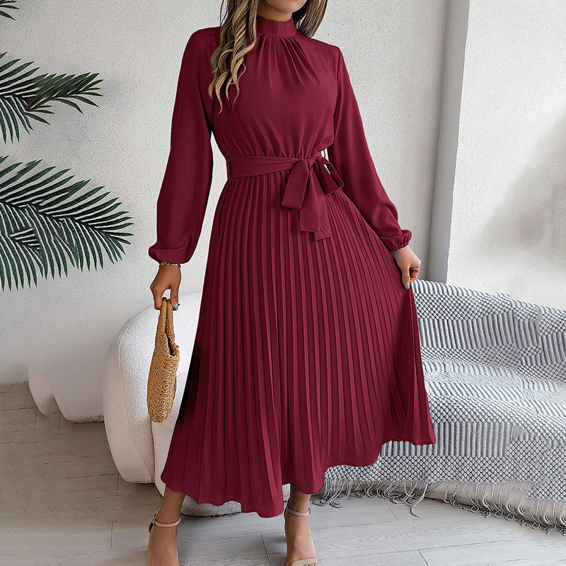 Elegant High Neck Long Sleeve Pleated Maxi Dress - Solid Color Flowy Dress For Women, Casual To Formal Wear Grayceful LLC