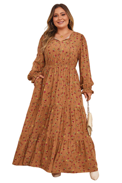 Brown Plus Size Floral Split V Neck Ruffled Sleeve Tiered Maxi Dress Garden Naked Curves