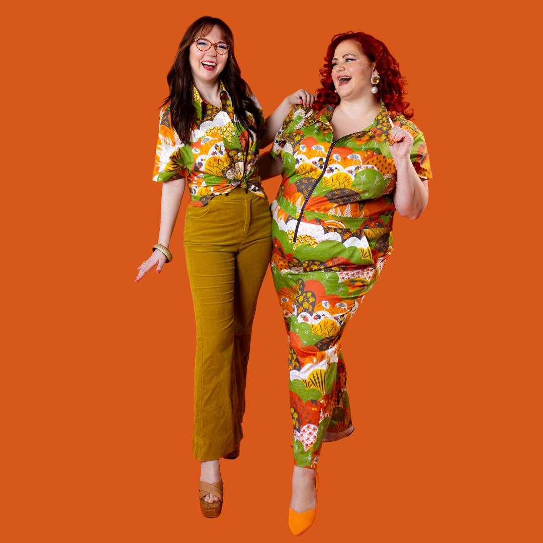 Jumpsuit in Earth-toned Meadow Print Blue Platypus Clothing