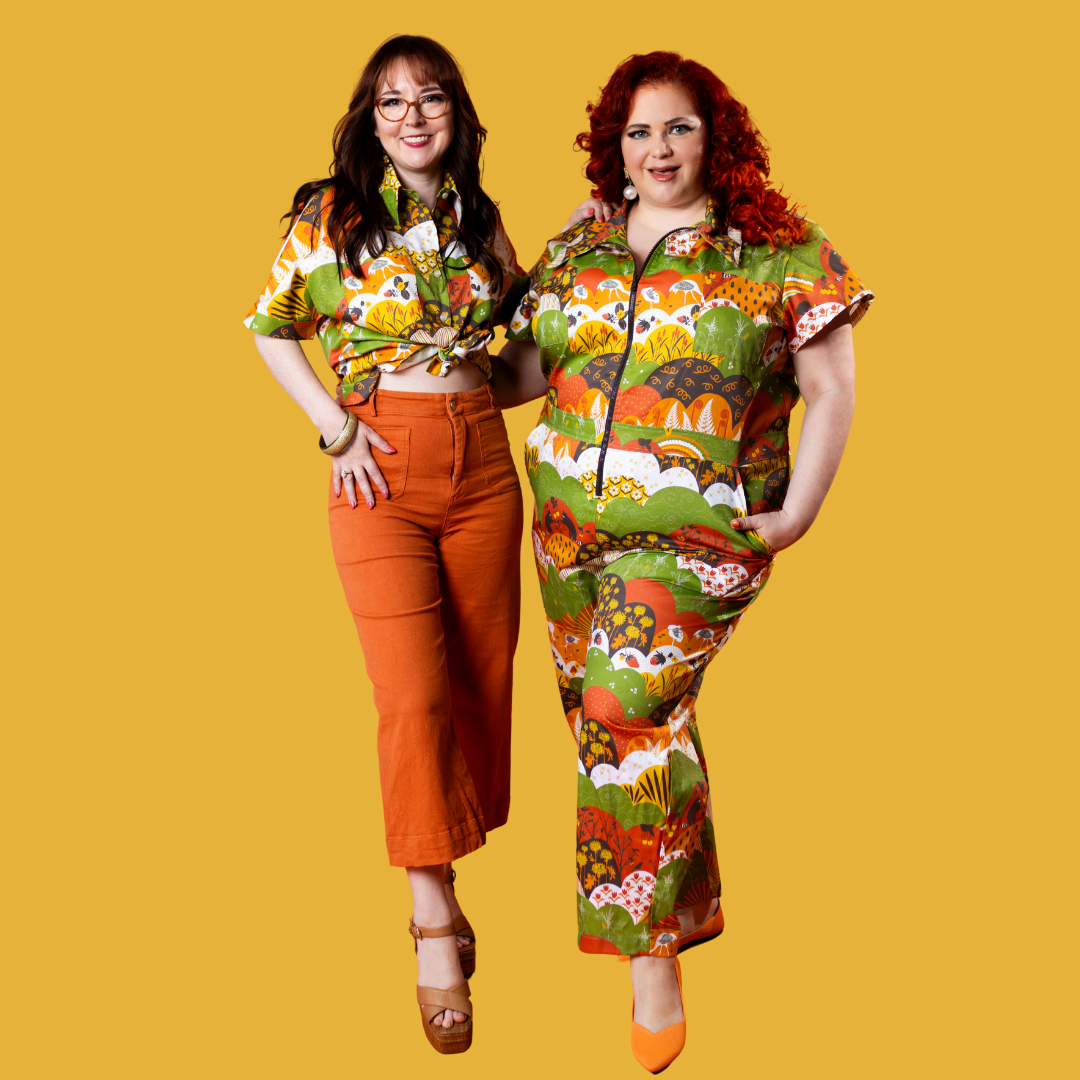 Jumpsuit in Earth-toned Meadow Print Blue Platypus Clothing