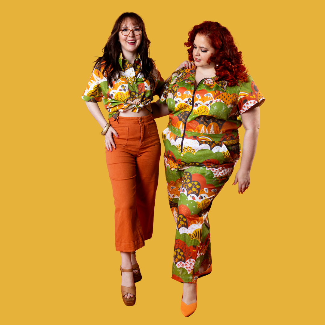Jumpsuit in Earth-toned Meadow Print Blue Platypus Clothing