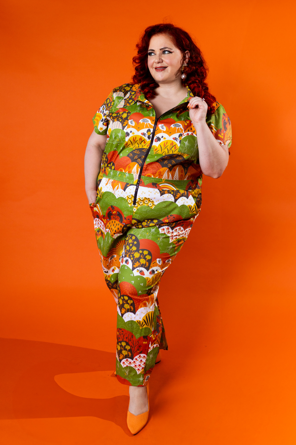 Jumpsuit in Earth-toned Meadow Print Blue Platypus Clothing