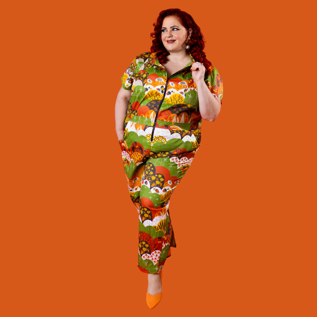 Jumpsuit in Earth-toned Meadow Print Blue Platypus Clothing