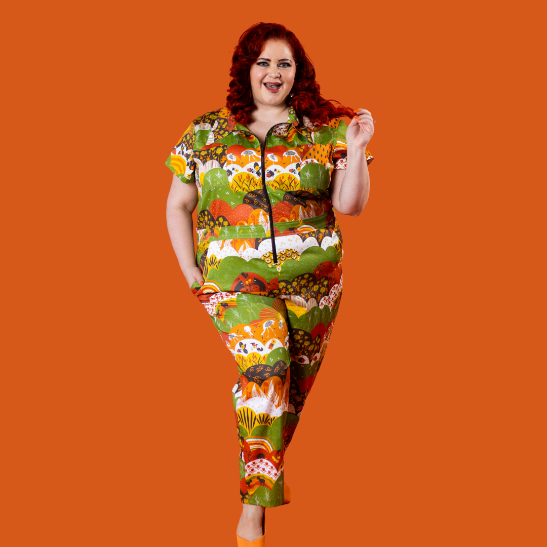 Jumpsuit in Earth-toned Meadow Print Blue Platypus Clothing