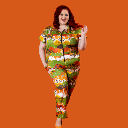 Jumpsuit in Earth-toned Meadow Print Blue Platypus Clothing