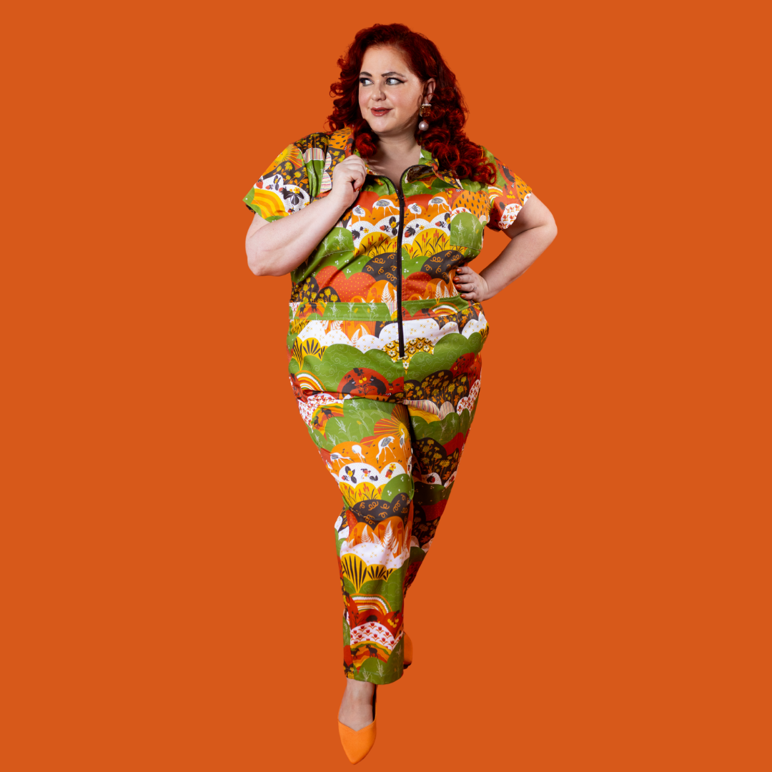 Jumpsuit in Earth-toned Meadow Print Blue Platypus Clothing
