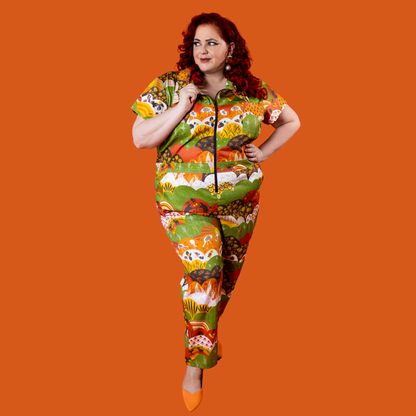 Jumpsuit in Earth-toned Meadow Print Blue Platypus Clothing