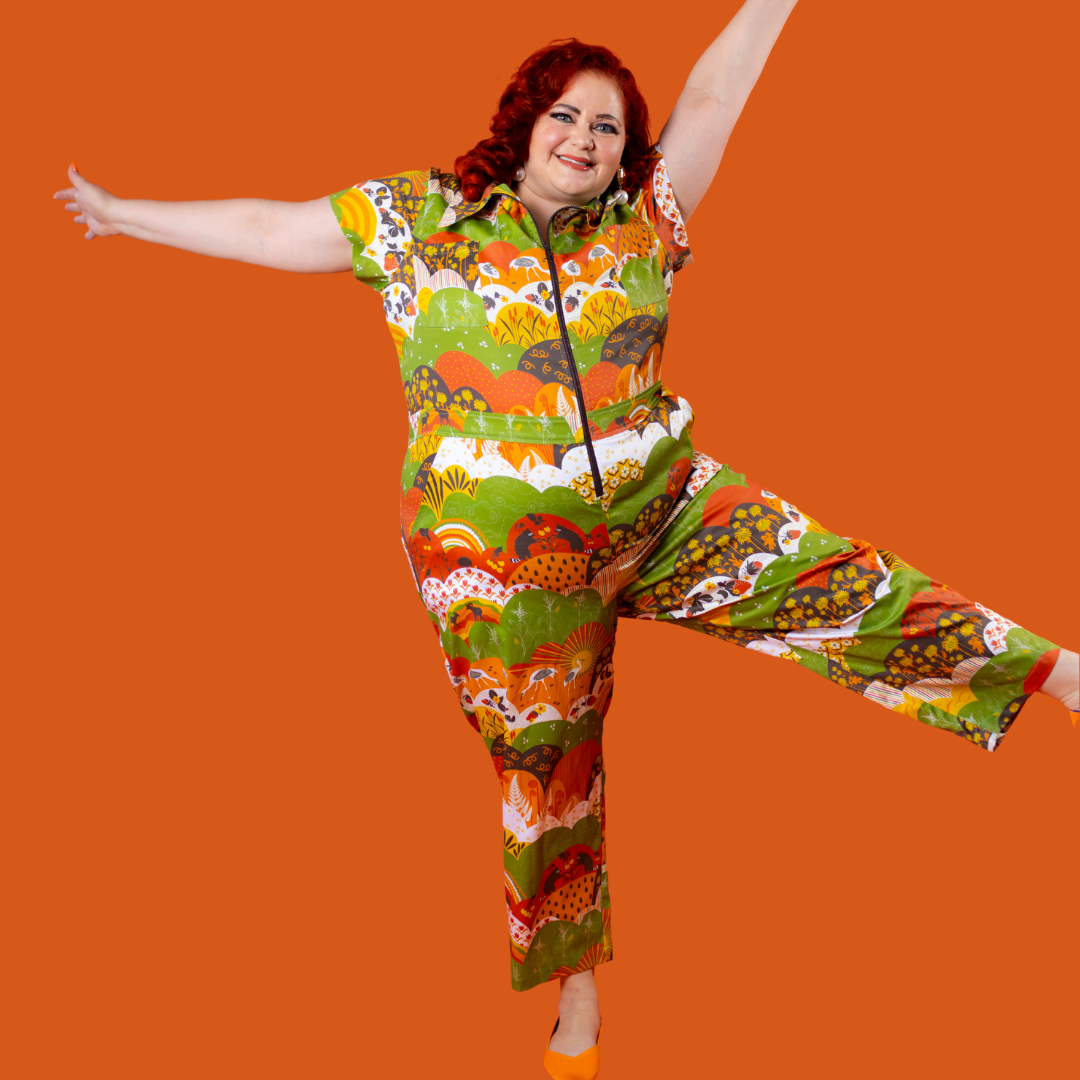 Jumpsuit in Earth-toned Meadow Print Blue Platypus Clothing