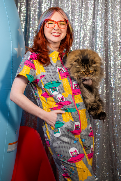 Cats in Space Jumpsuit in Asteroid Field Blue Platypus Clothing