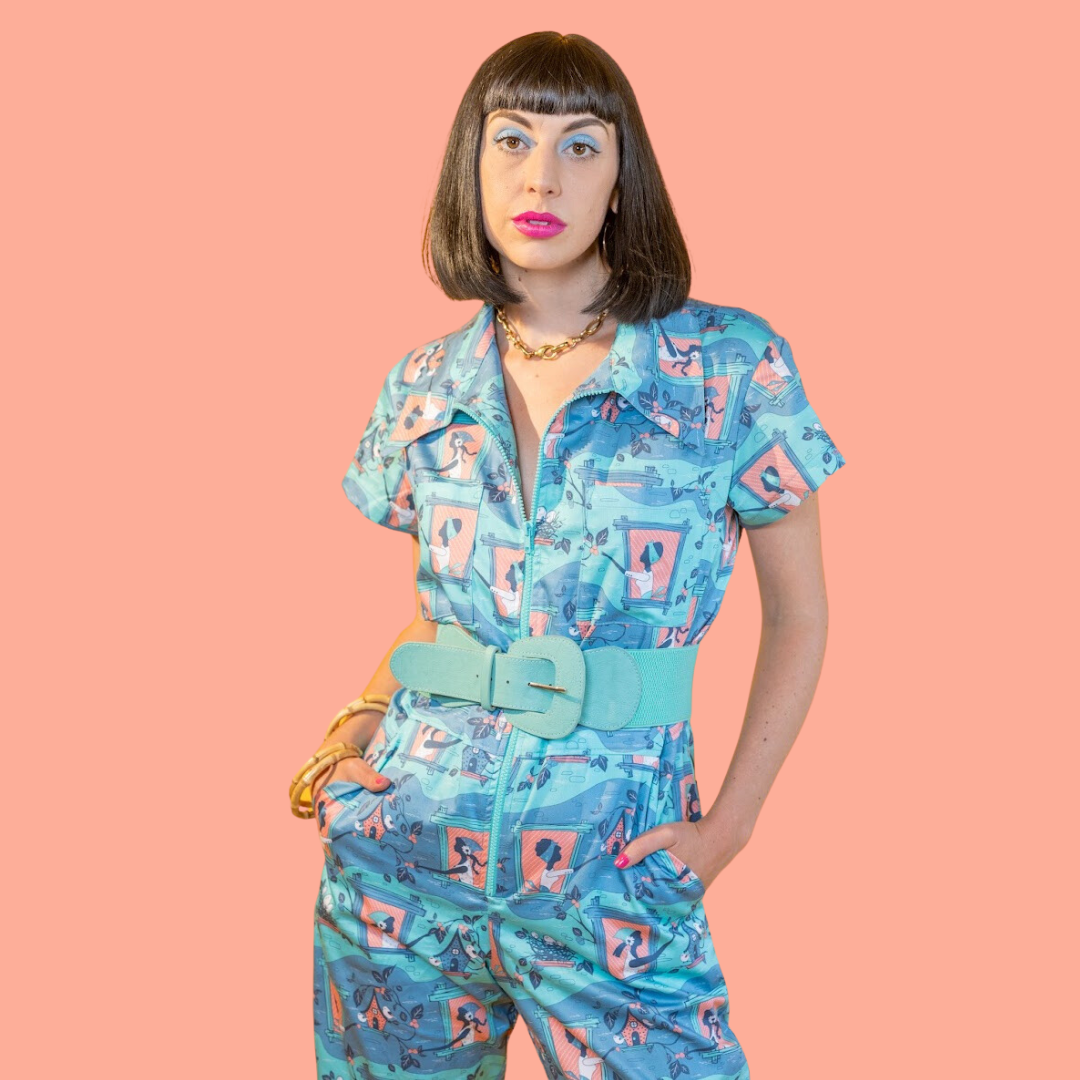 Brownstone Betties Jumpsuit in Aqua & Peach Blue Platypus Clothing