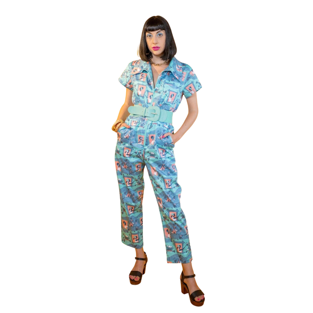 Brownstone Betties Jumpsuit in Aqua & Peach Blue Platypus Clothing