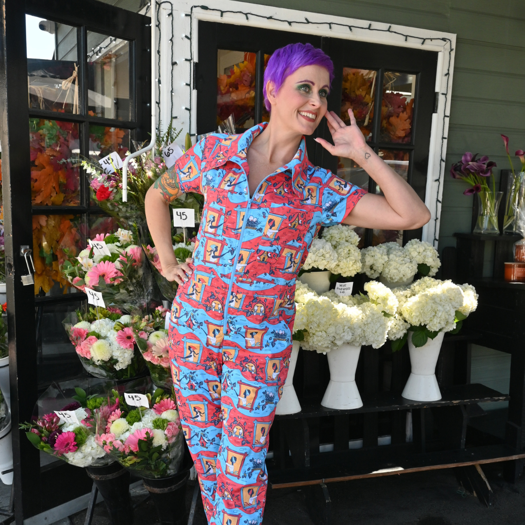 Brownstone Betties Jumpsuit in Red & Blue Blue Platypus Clothing