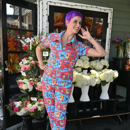 Brownstone Betties Jumpsuit in Red & Blue Blue Platypus Clothing