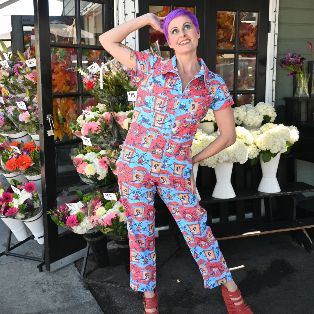 Brownstone Betties Jumpsuit in Red & Blue Blue Platypus Clothing