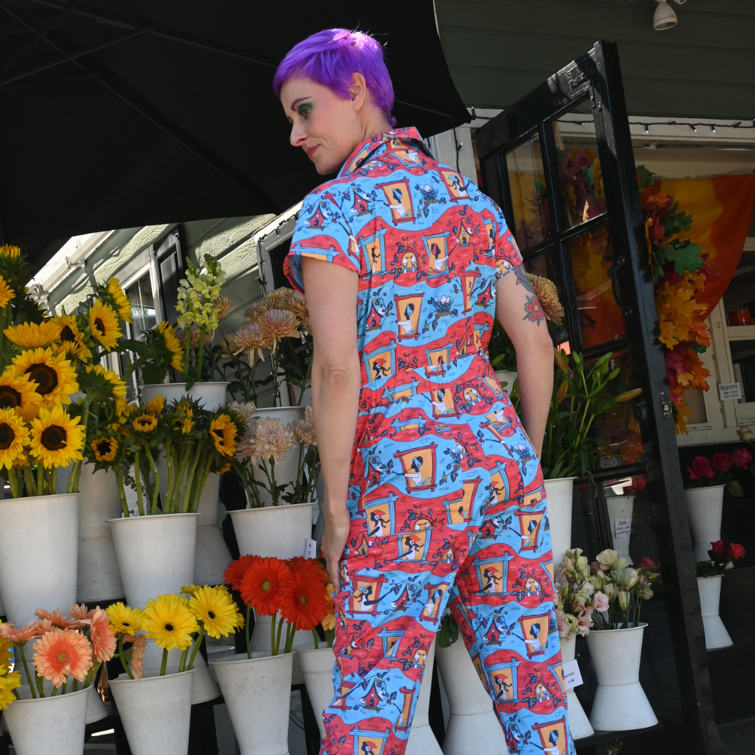 Brownstone Betties Jumpsuit in Red & Blue Blue Platypus Clothing