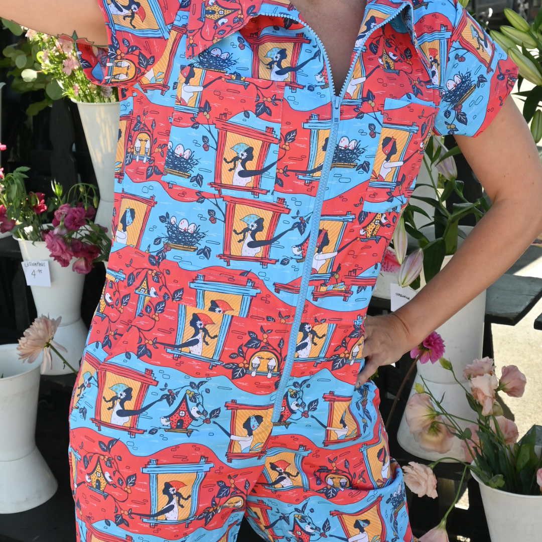 Brownstone Betties Jumpsuit in Red & Blue Blue Platypus Clothing