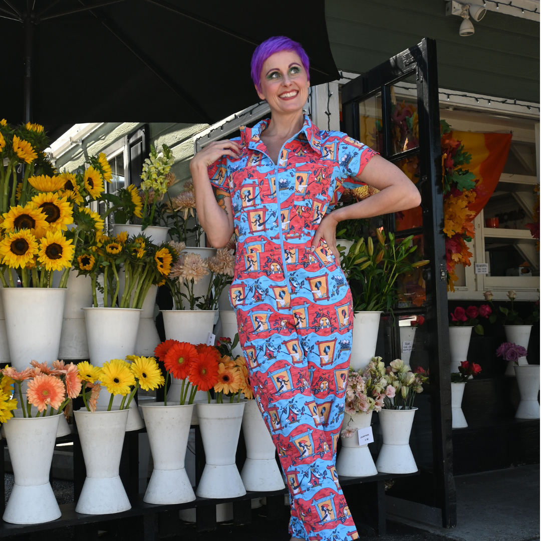 Brownstone Betties Jumpsuit in Red & Blue Blue Platypus Clothing