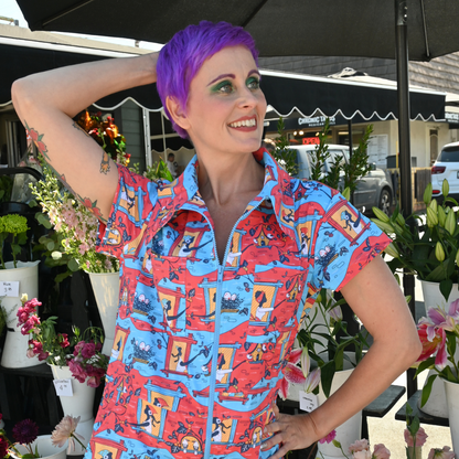 Brownstone Betties Jumpsuit in Red & Blue Blue Platypus Clothing