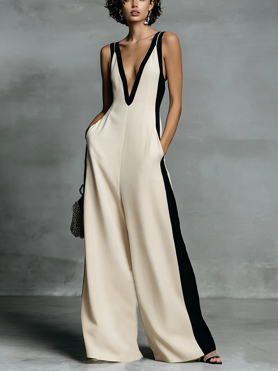 Women's Color-Block Sleeveless V-Neck Wide-Leg Jumpsuit – French Style Long Pants FitiqueFit