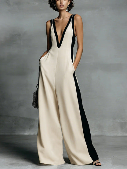 Women's Color-Block Sleeveless V-Neck Wide-Leg Jumpsuit – French Style Long Pants FitiqueFit
