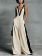 Women's Color-Block Sleeveless V-Neck Wide-Leg Jumpsuit – French Style Long Pants FitiqueFit