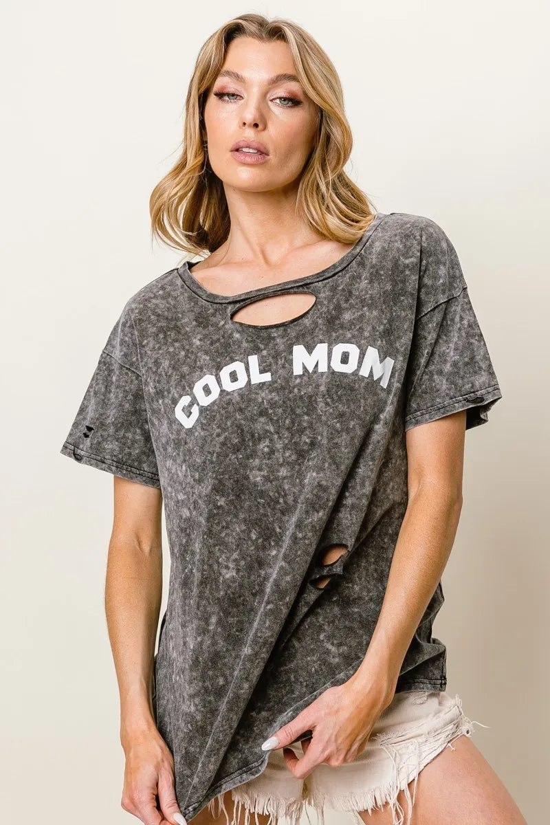 BiBi Washed Laser Cut Detail Cool Mom Print Top New Era Fashion LLc