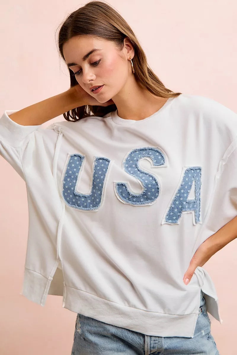 BiBi 4th Of July Usa Letter Patchwork French Terry Top New Era Fashion LLc