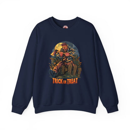 Axe Wielding Zombie Trick or Treat Crewneck Sweatshirt The Devil's Pickle