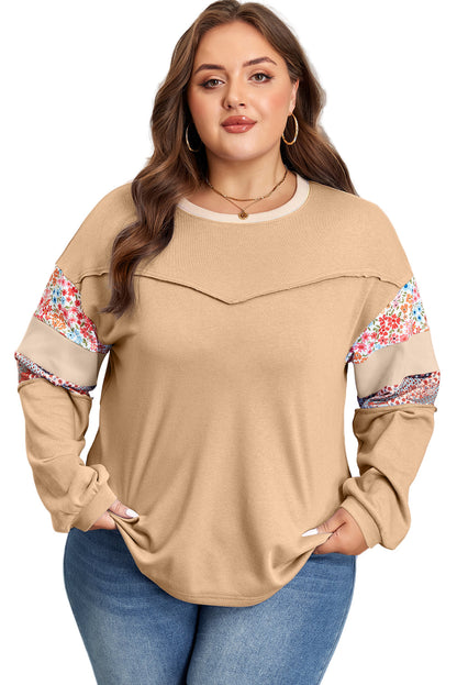 Khaki Exposed Seam Floral Mixed Patchwork Relaxed Plus Size Top Garden Naked Curves