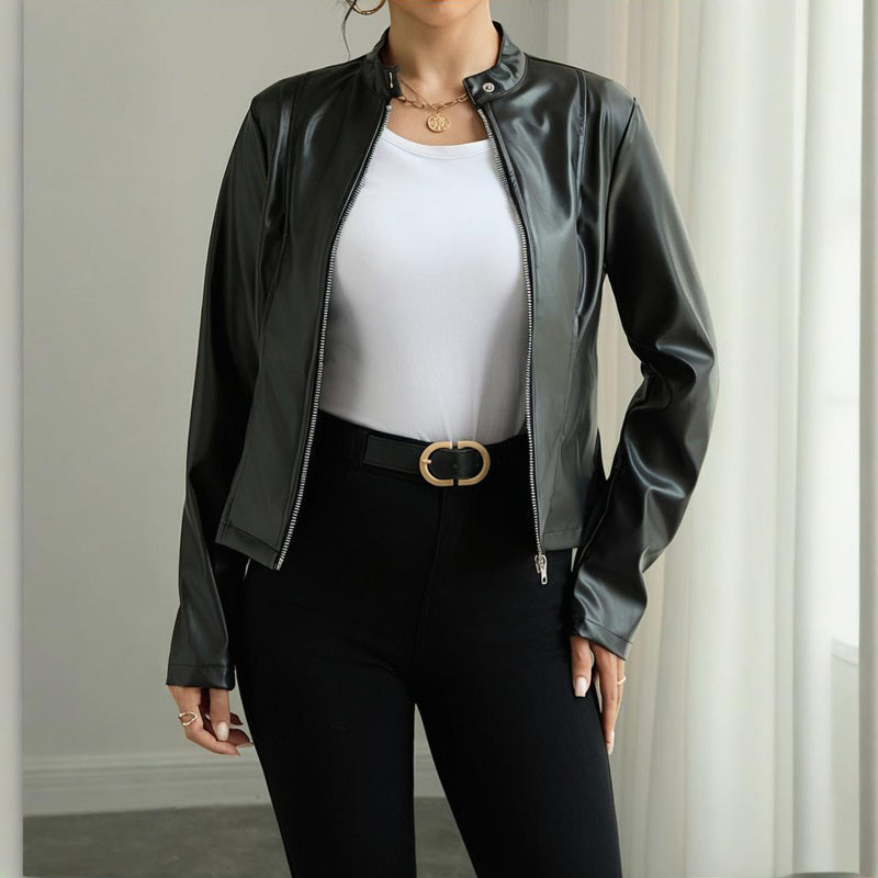 Women's Solid Color Long Sleeve Stand Collar Faux Leather Blazer FitiqueFit