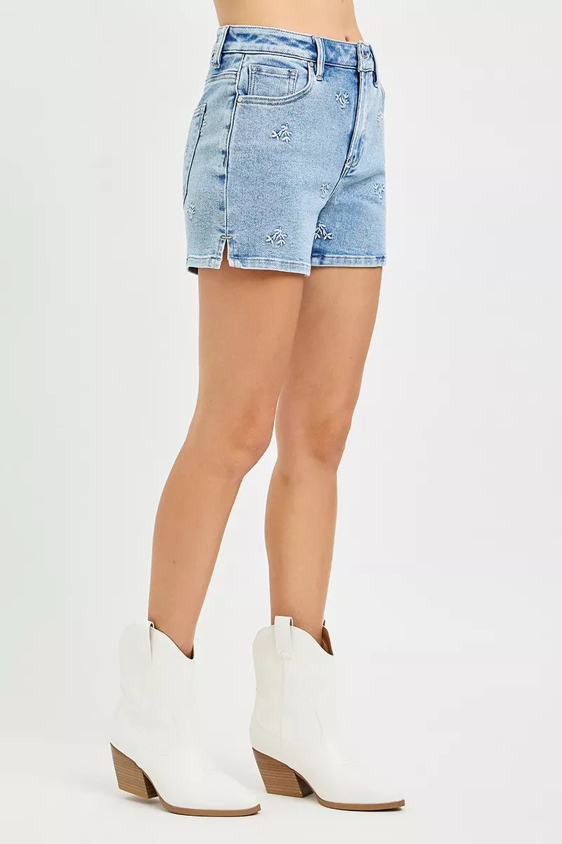 RISEN High Rise Denim Shorts with Embroidered Detail New Era Fashion LLc