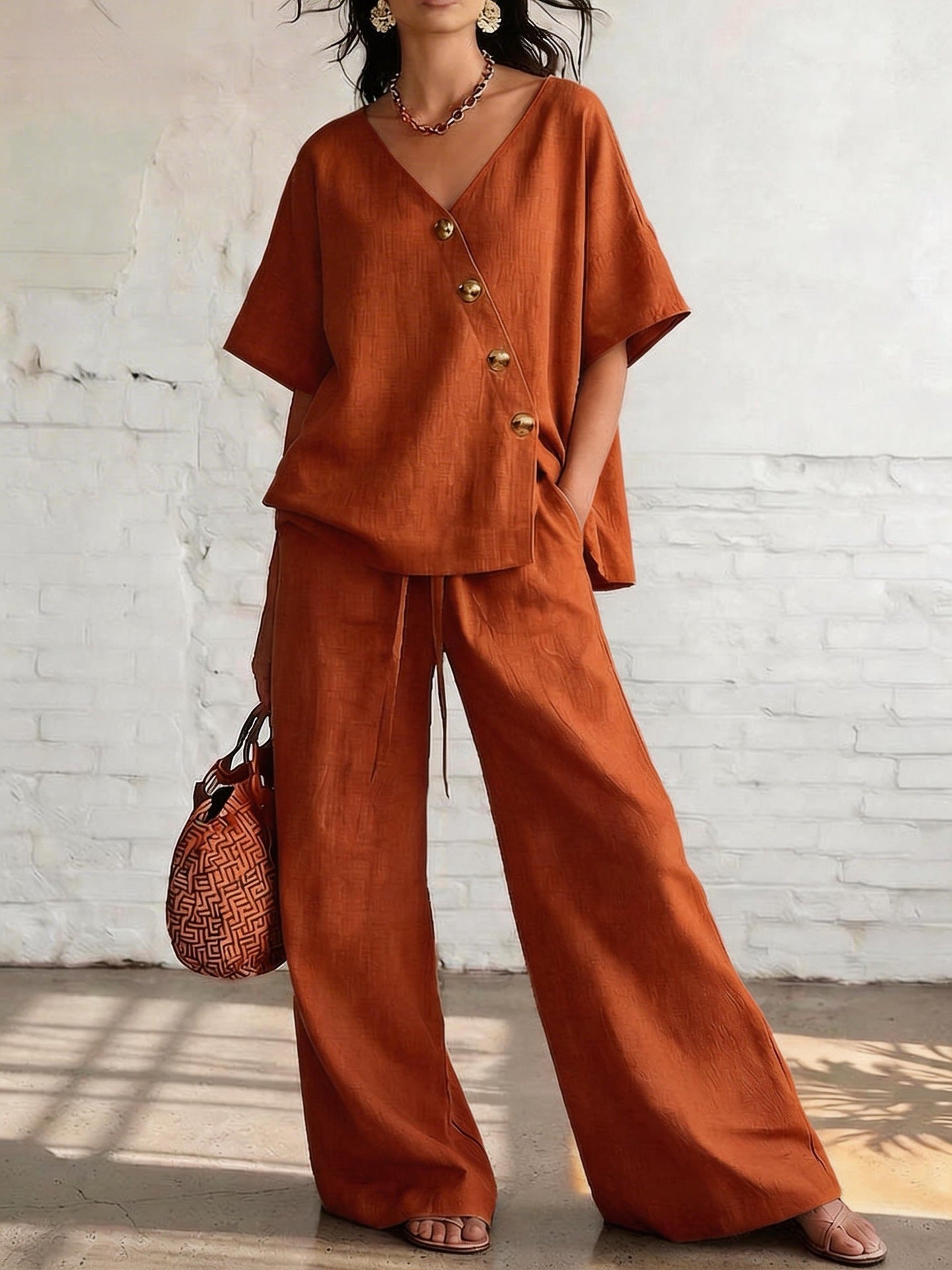 Women's Loose Cotton-Linen V-Neck Top & Wide-Leg Pants Set FitiqueFit
