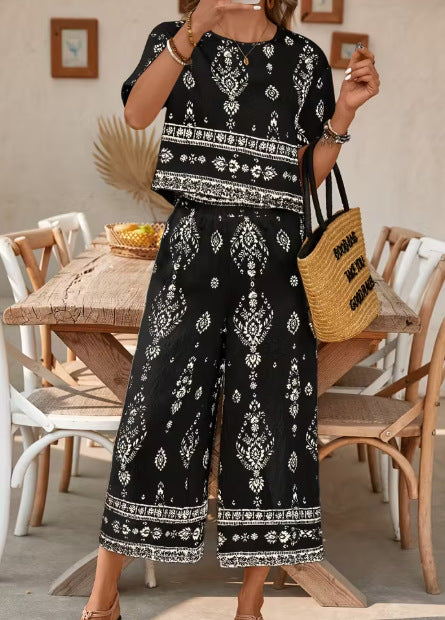 Women's Ethnic Print Contrast Two-Piece Set – Top & Straight-Leg Pants FitiqueFit