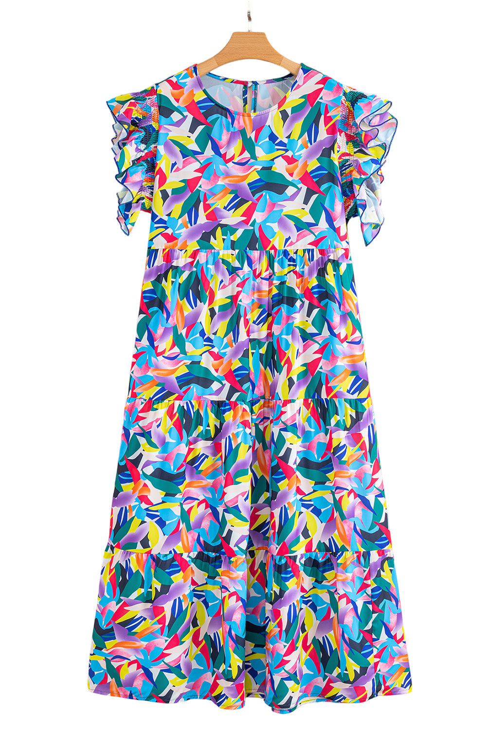 Blue Geometric Print Ruffled Short Sleeve Plus Size Tiered Maxi Dress Garden Naked Curves