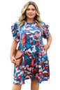 Blue Abstract Print Shirred Ruffled Short Sleeve Tiered Plus Size Mini Dress Garden Naked Curves