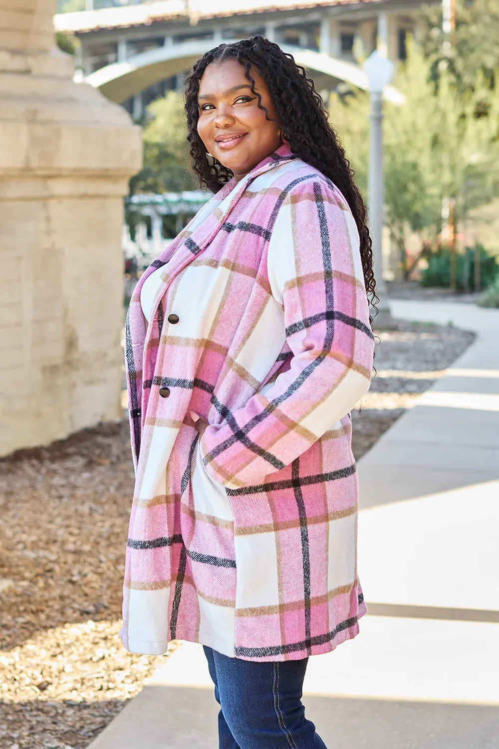 Double Take Full Size Plaid Button Up Lapel Collar Coat West2East Surf
