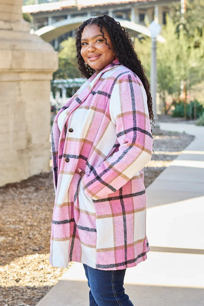 Double Take Full Size Plaid Button Up Lapel Collar Coat West2East Surf