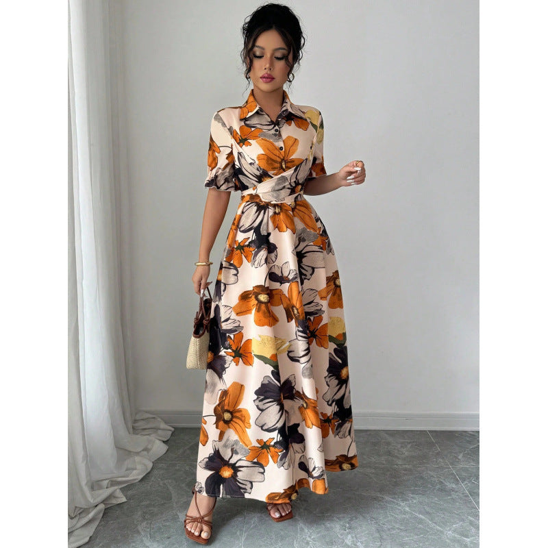 Women’s Printed Puff Sleeve Dress – Blouse Collar Cross-Tie Waist Style FitiqueFit