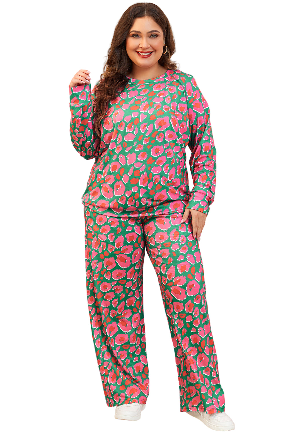 Green Plus Size Printed Long Sleeve and Pants Lounge Set Garden Naked Curves