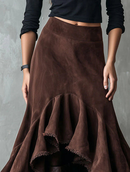 Western Brown High-Low Eco Suede Ruffle Maxi Skirt Grayceful LLC