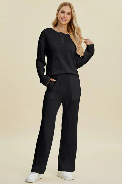 Double Take Full Size Cable-Knit Long Sleeve Top and Pants Set West2East Surf