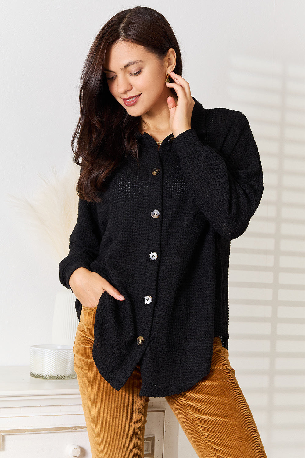 Double Take Waffle-Knit Collared Neck Dropped Shoulder Shirt New Era Fashion LLc