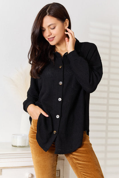 Double Take Waffle-Knit Collared Neck Dropped Shoulder Shirt New Era Fashion LLc