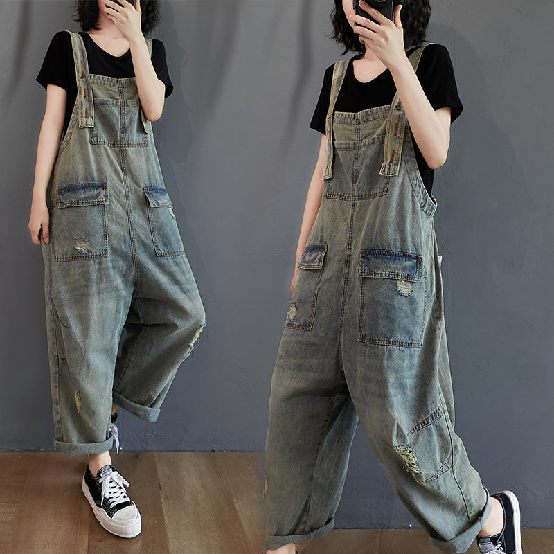 Women's Summer Retro Nostalgic Ripped Denim Overalls FitiqueFit