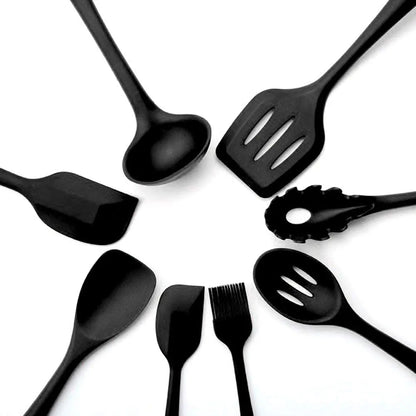 Premium Silicone Kitchen Utensil Set - Heat-Resistant Non-Stick Cooking Tools with Stylish Black Holder