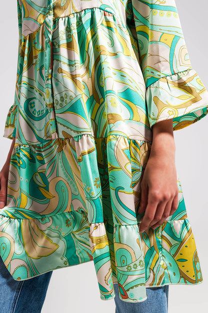 3/4 sleeve mini dress in green Q2store