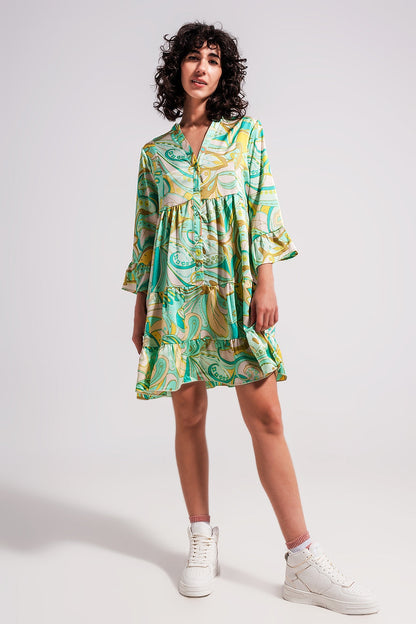 3/4 sleeve mini dress in green Q2store